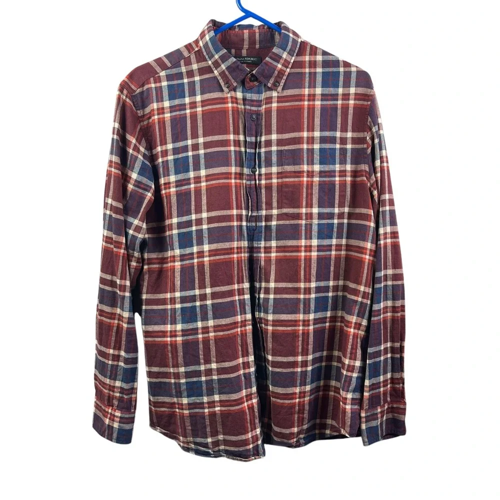 Banana Republic Luxe Flannel Slim Shirt Mens L Burgundy Plaid